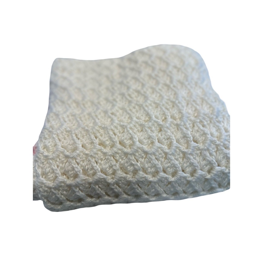 Vintage Handmade CROCHET AFGHAN BABY BLANKET Cream Pink Border 38"X 42" Bear‎ - Picture 5 of 9